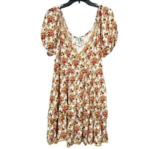 Beatnik Philosophy Dress Large White Pink Floral Babydoll Tiered Ruffle Boho